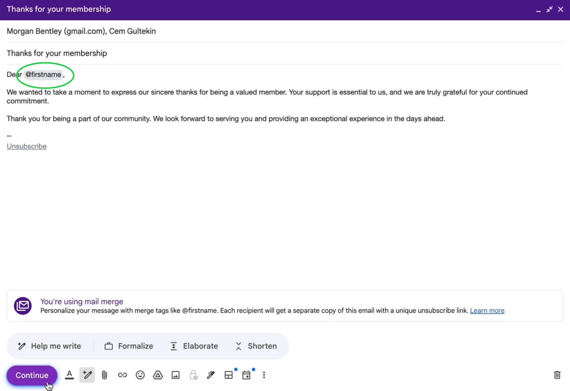Gmail new email window with a mail merge tag highlighted at the beginning of an email message