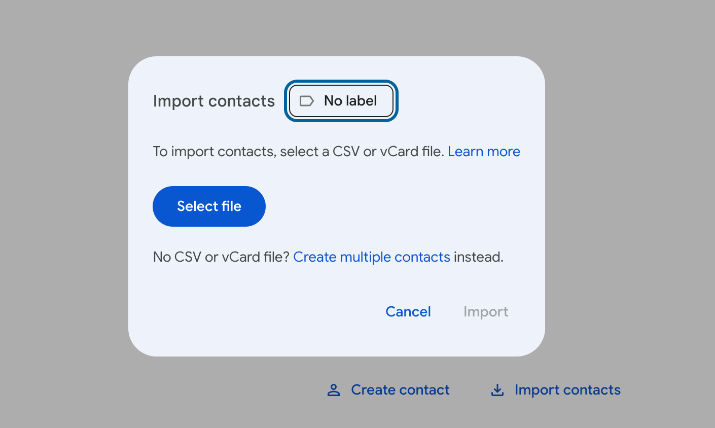Import contacts window in Google Contacts with an option to select a CSV or a vCard file
