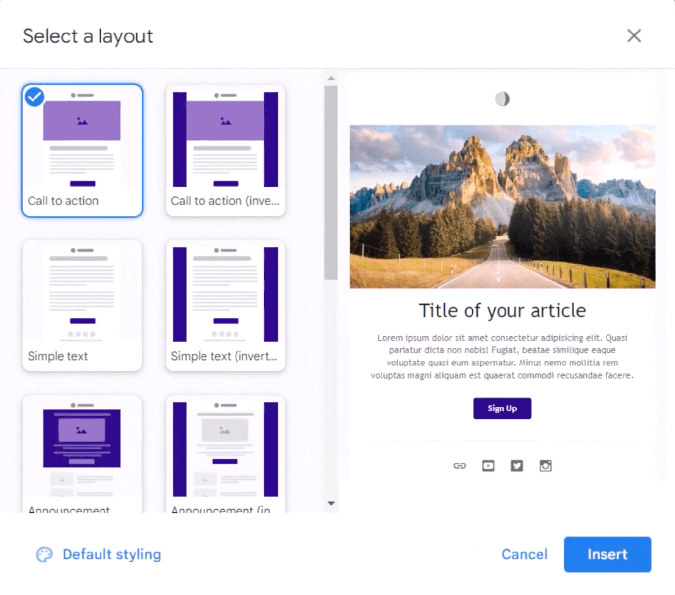 Google Workplace library of templates with more than 6 different layouts available