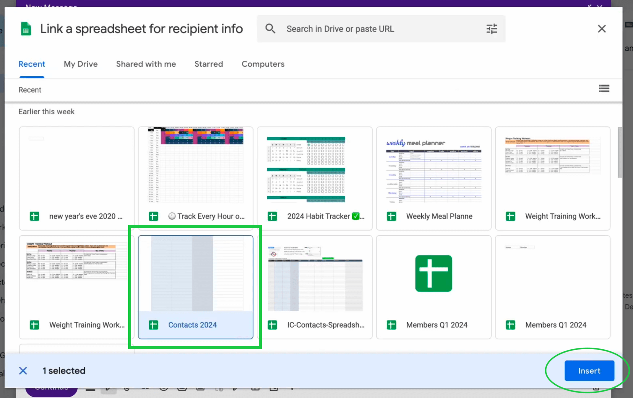 Linking a spreadsheet to an email on Gmail in a pop-up email, one of the spreadsheets and the Insert button are highlighted