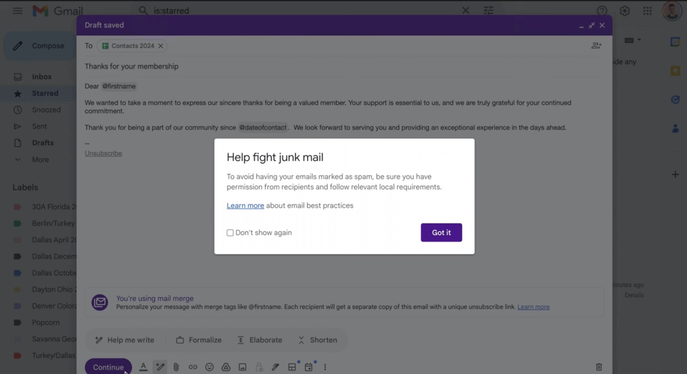 A Help fight junk mail pop-up recommending to learn about email best practices