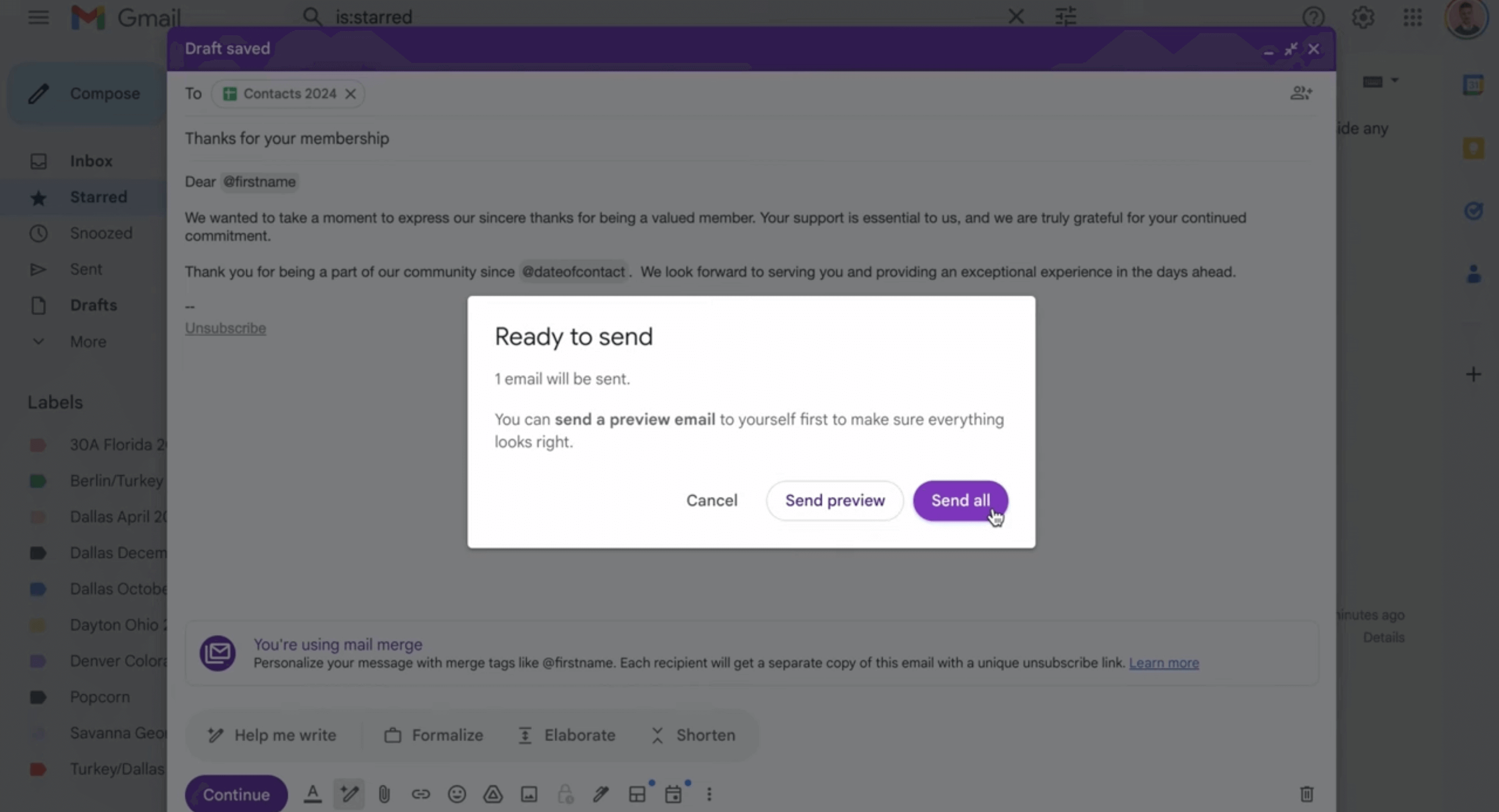 A Ready to send pop-up with options to Cancel, Send preview, and Send all