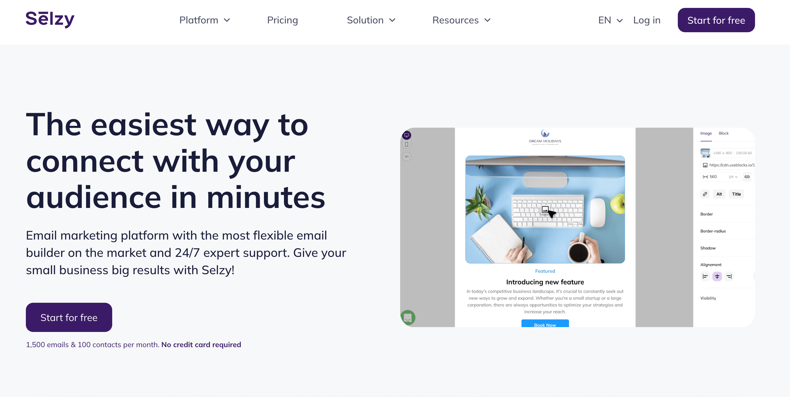 Selzy starting page with the headline The easiest way to connect with your audience in minutes