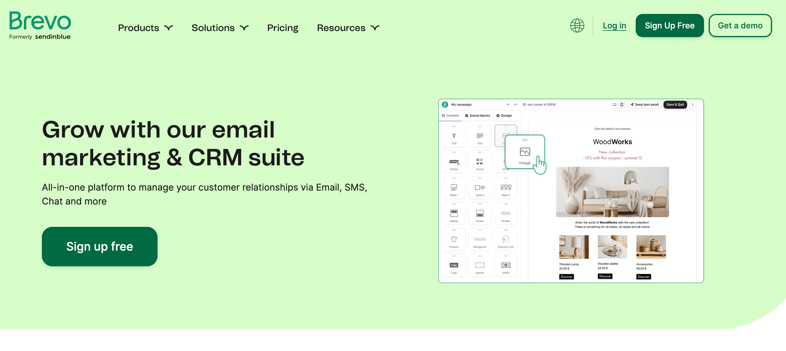 Brevo starting page with the headline Grow with our email marketing & CRM suite