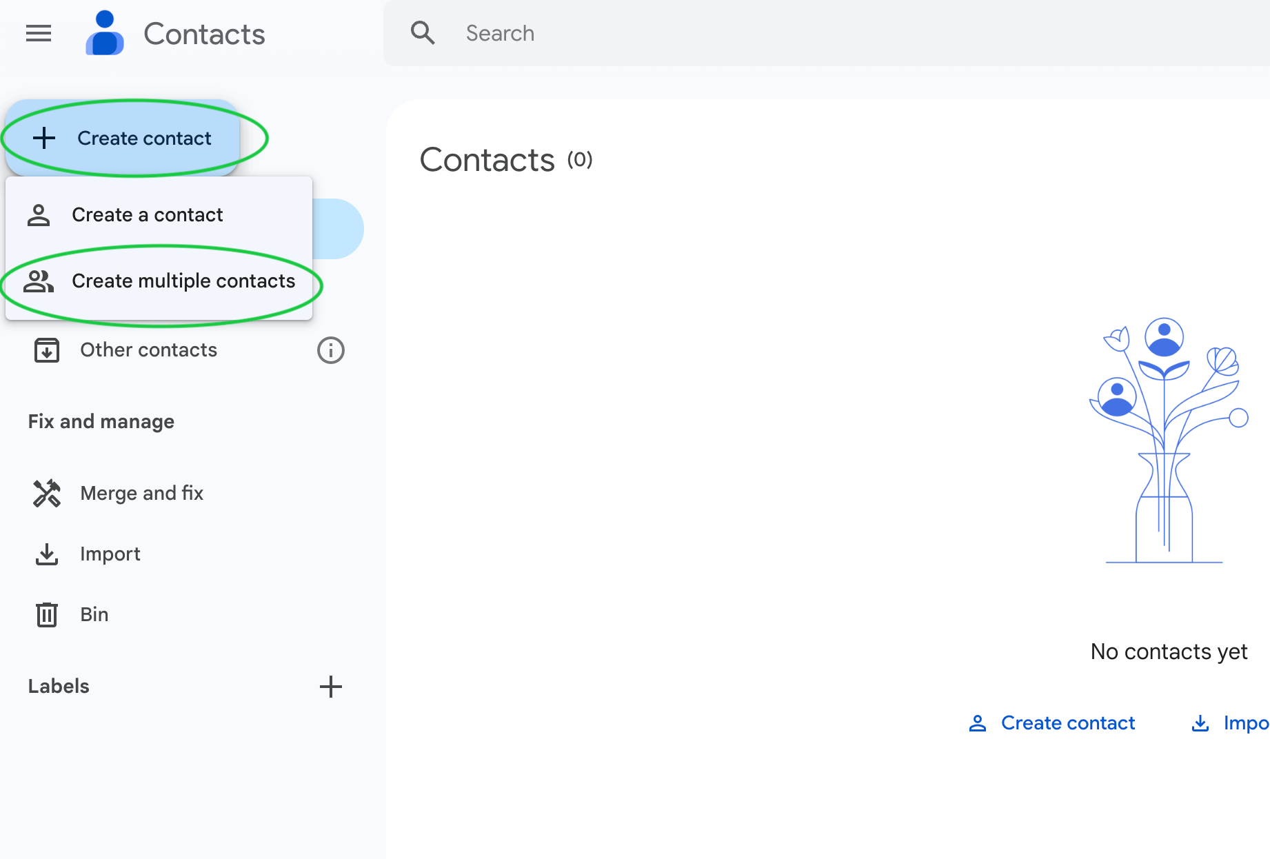 Google Contacts page with Create contact and Create multiple contacts on the left panel highlighted