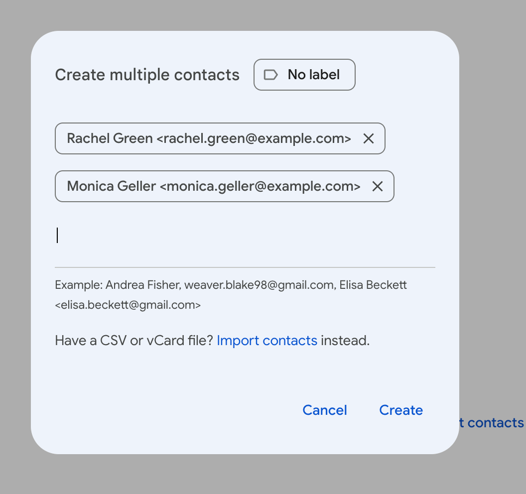 A create multiple contacts dialogue box in Google Contacts with two new contacts