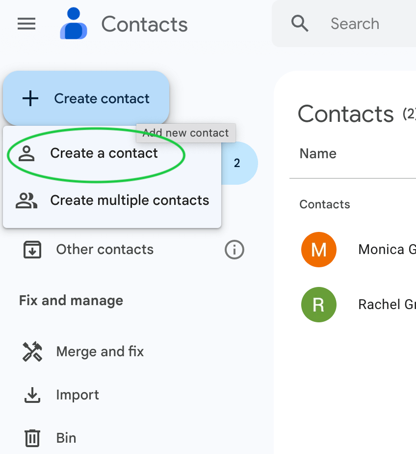 Google Contacts with Create a contact option on the left panel menu highlighted