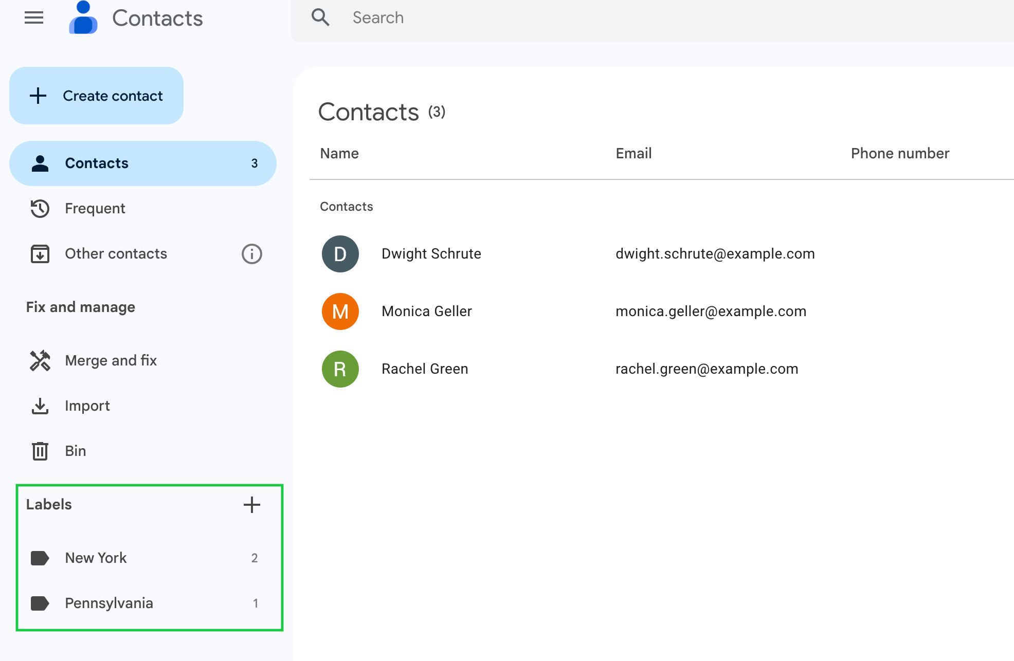 Google Contacts with three contacts and labels section on the left highlighted