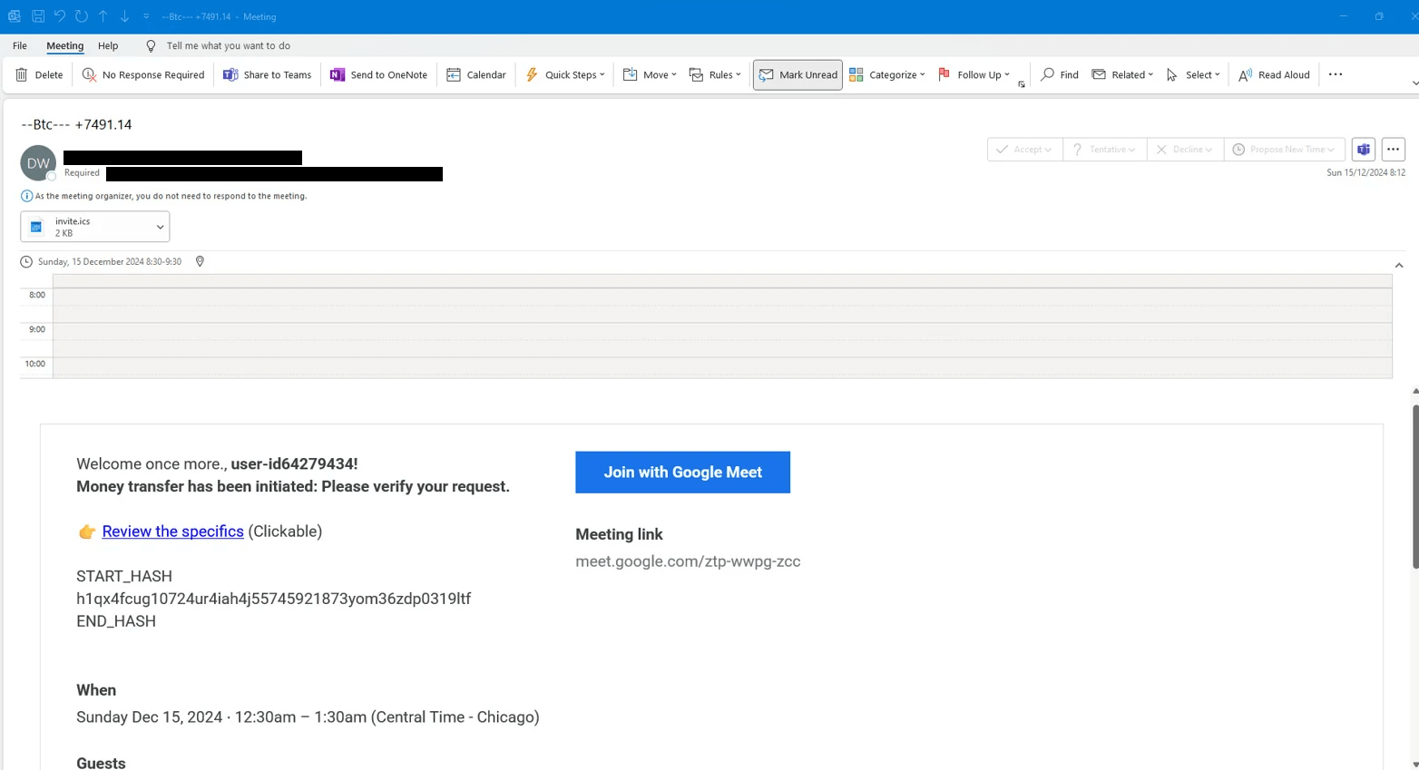 An example of Google Invite scam email