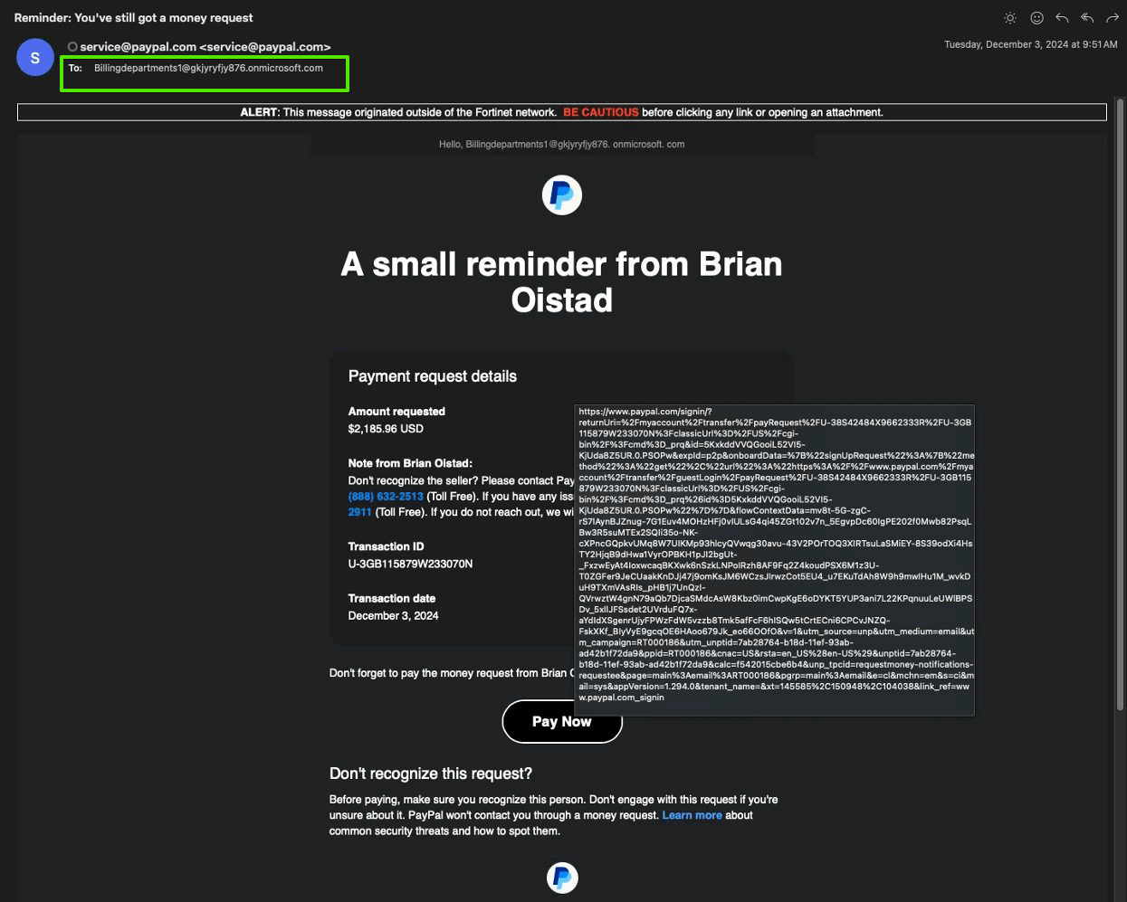 A screenshot of the phishing PayPal email with a payment request