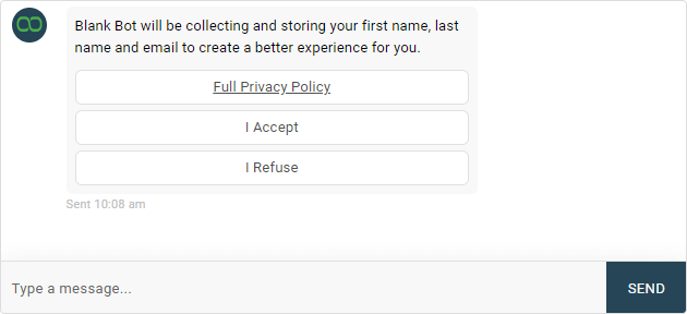 A bot asking a customer whether they consent to data collection featuring three buttons to read the privacy policy, accept, or refuse
