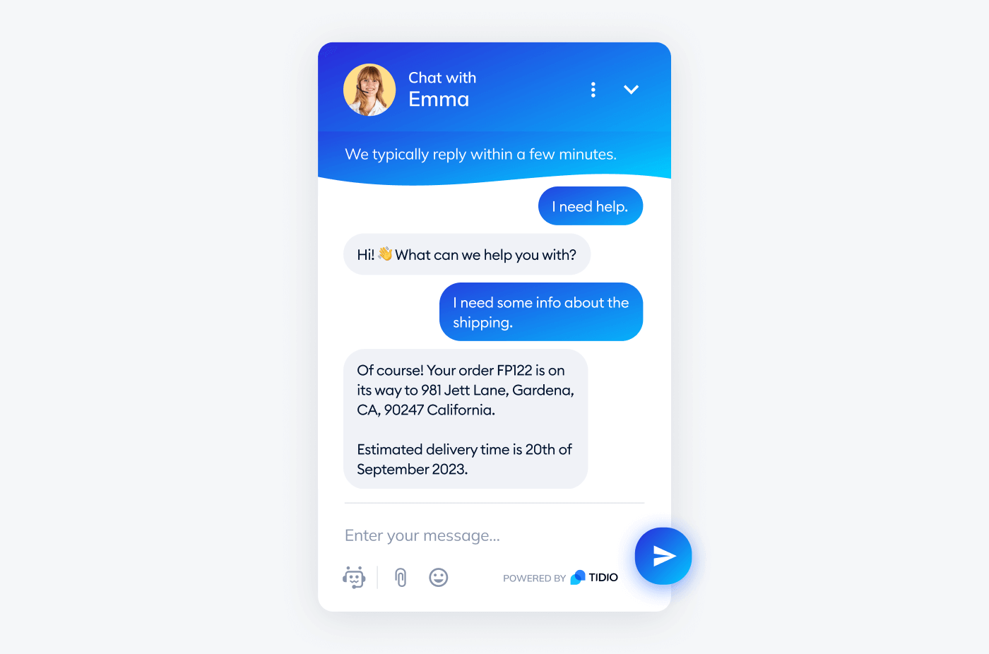 A chat with a customer who asks for information about their shipping and gets an answer from the bot with the shipping location and estimated delivery time