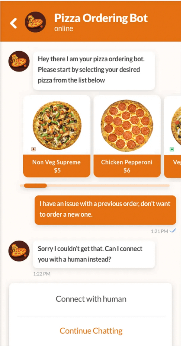 A pizza delivery bot dialogue where the bot states that it doesn’t understand the query and gives the user options to connect with a human or continue chatting