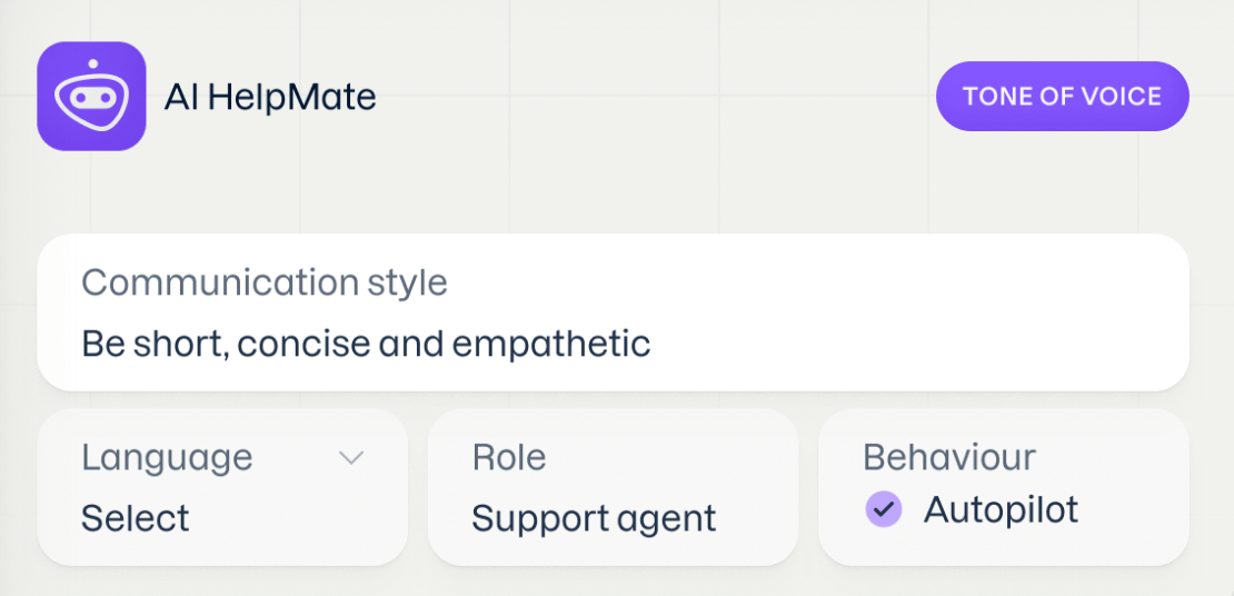 Setting up the tone of voice for a chatbot with communication style indicated being short, concise, and empathetic