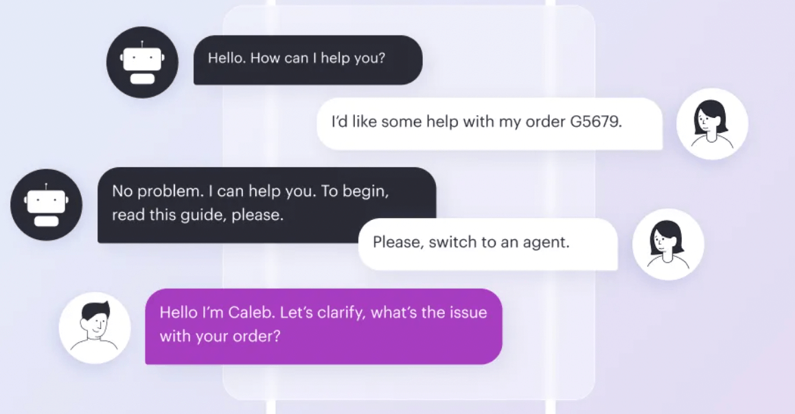 An example of a conversation with a bot where the customer requests to switch to an agent