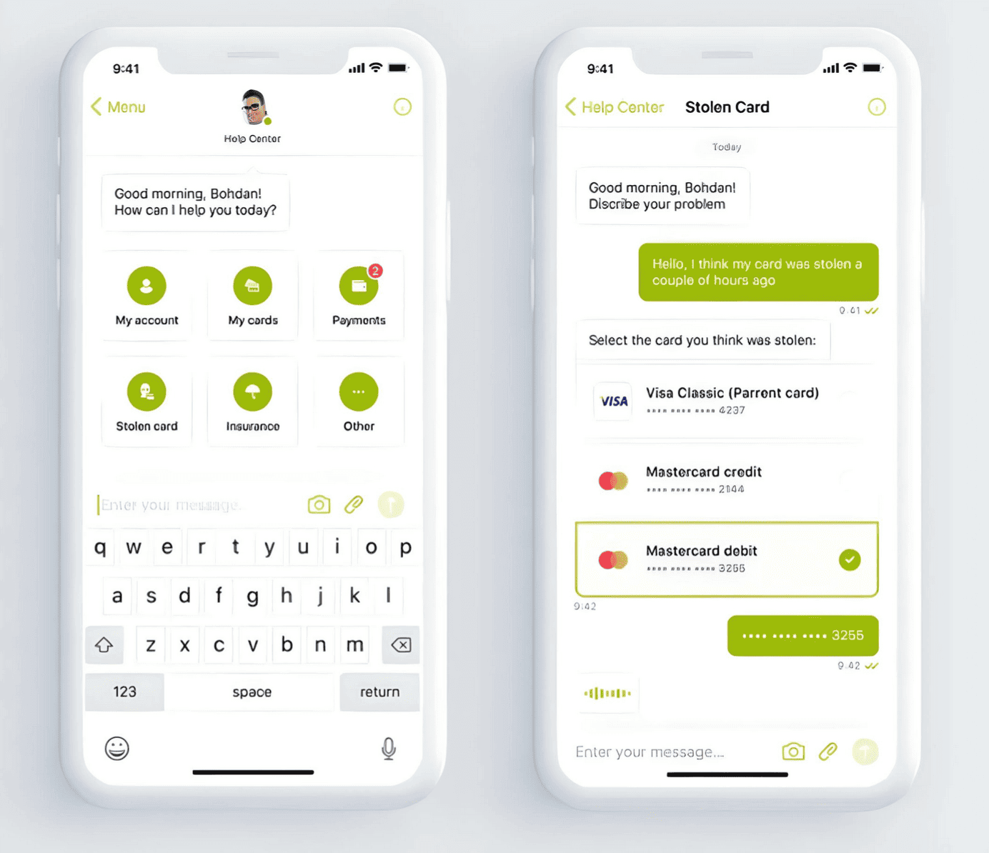 A banking chatbot offering several buttons to a customer whose card was stolen