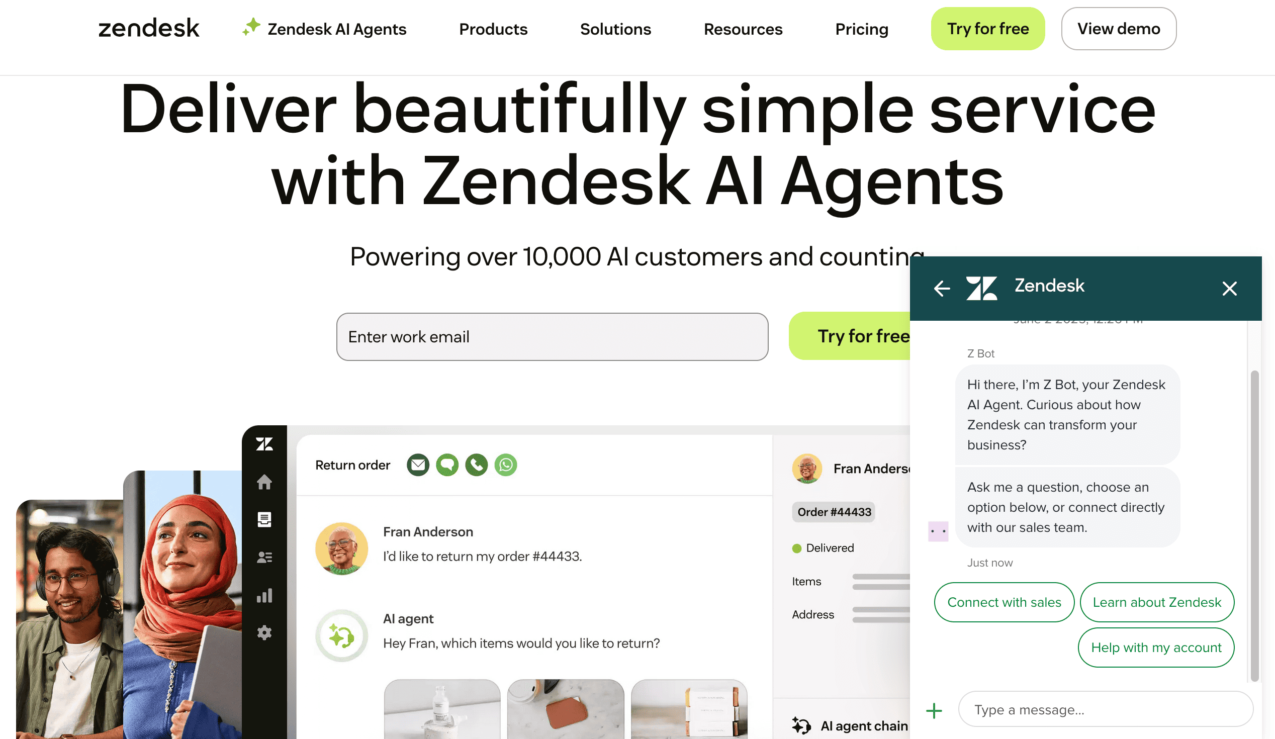 Zendesk website homepage with a chatbot window opened on the right, the chatbot has three buttons for connecting with sales, helping the user with their account, and informing them about the platform