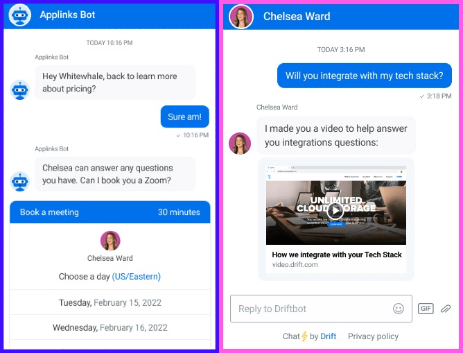 Drift chatbot helps users set up a Zoom meeting with a representative and even creates videos to address their issues.
