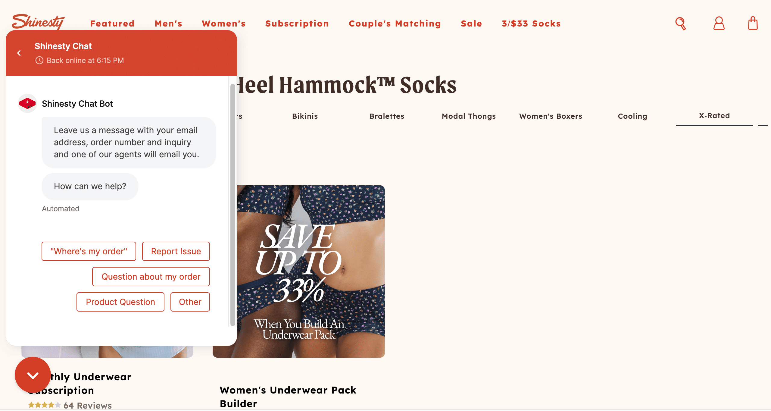 Shinesty website homepage with a chatbot window opened on the left, the chatbot has several buttons for reporting an issue, tracking the order, asking questions about the order and products, and other