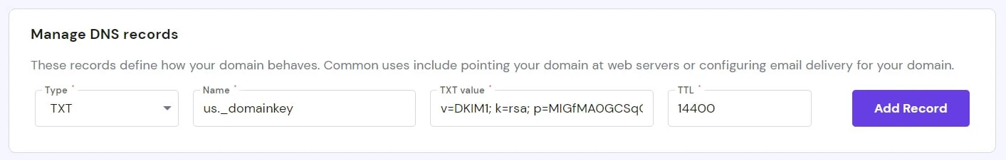Добавление DKIM-записи в разделе DNS.