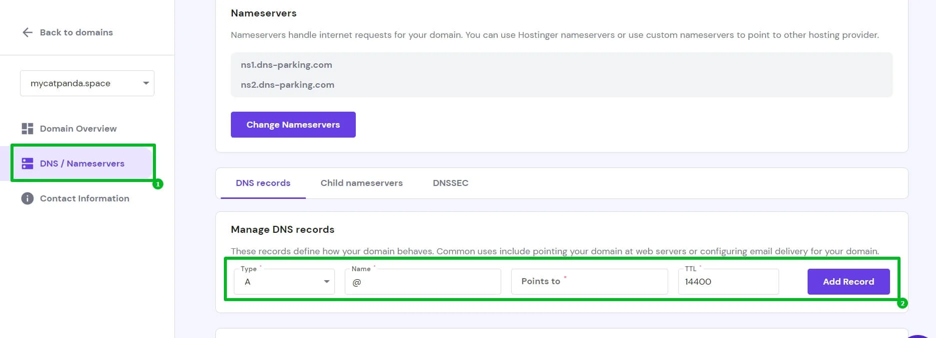 Раздел для управления DNS-записями на хостинге.