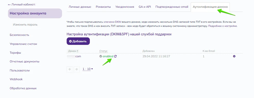 Статус домена в Selzy.