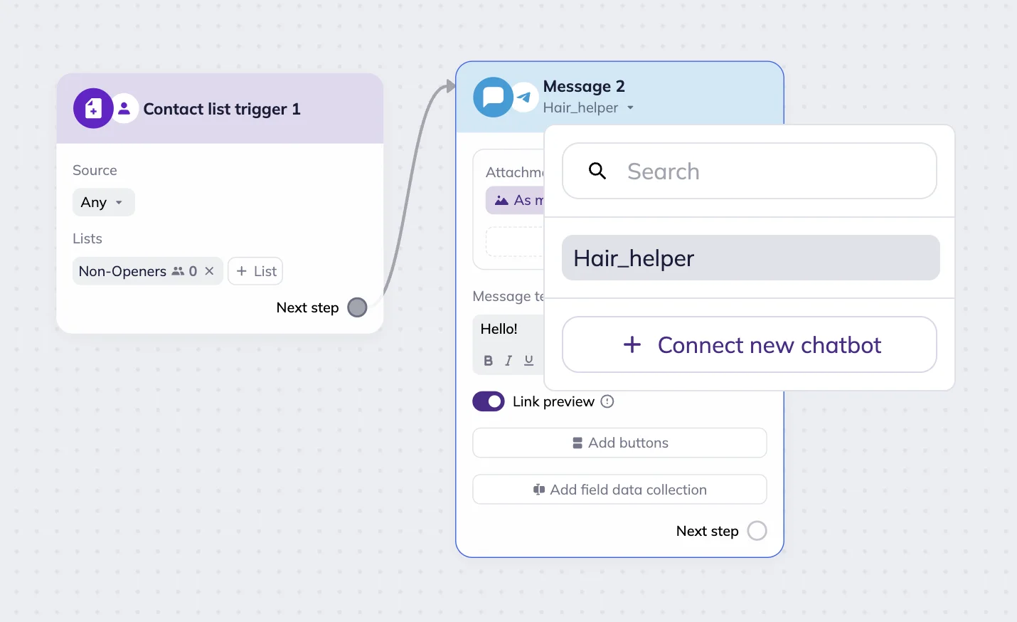 Telegram message block in Selzy omnichannel scenario with Select a bot menu