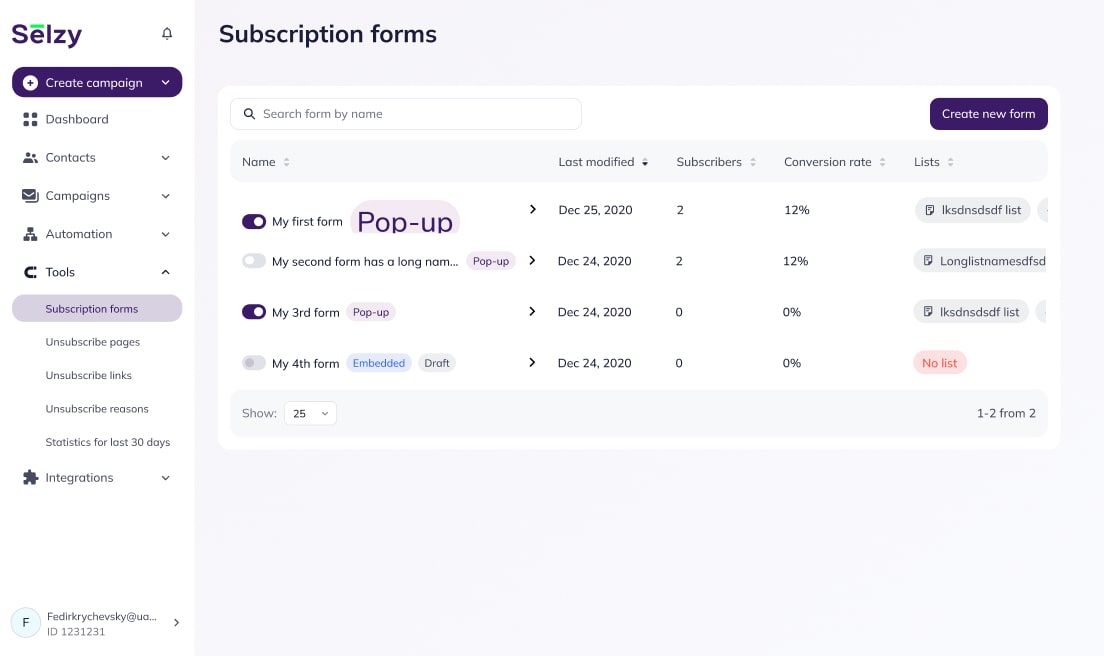 Pop-up signup forms